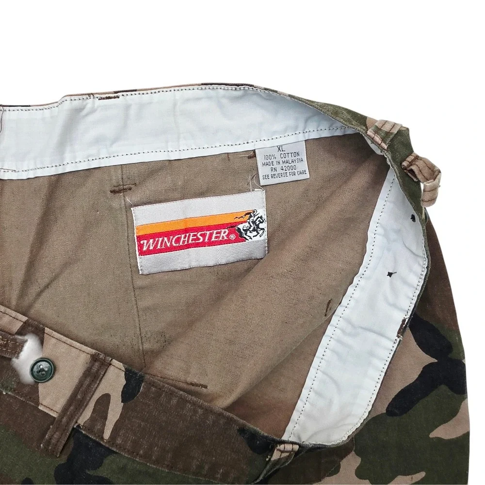 Mens Vintage Woodland Camo Utility Pants Straight Leg Cargo Trousers 39x28